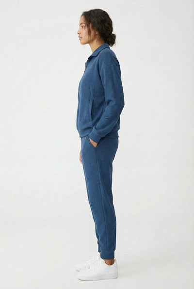 LOHNR Solace Set in Stillwater Blue - premium smooth sweatshirt half-zip top and matching lounge pant