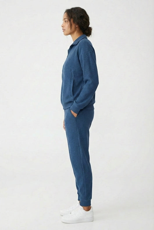 LOHNR Solace Set in Stillwater Blue - premium smooth sweatshirt half-zip top and matching lounge pant