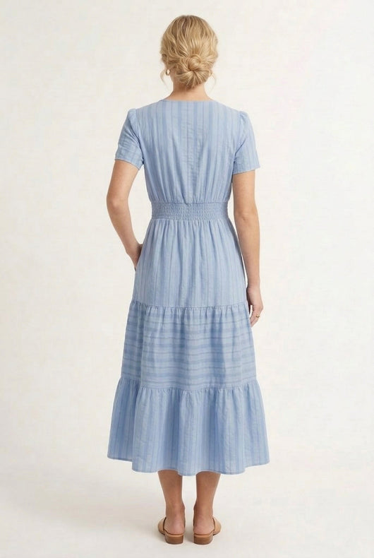 LOHNR Solene Dress in Chambray - Women's 100% Cotton Tiered Midi Dress