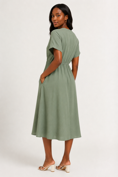 Front facing studio shot of a model in the sage frost green Sabine midi.