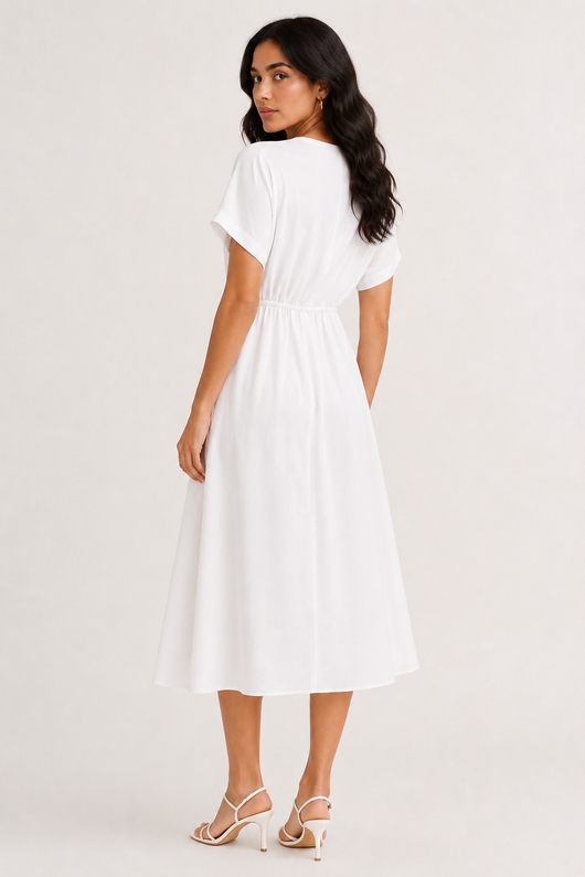 Professional studio portrait of a woman wearing the crisp white Sabine midi against a seamless background.